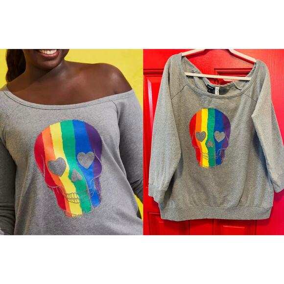 Torrid 2 (2X 18/20) Celebrate Love Rainbow Pride Skull Off Shoulder Sweatshirt - Picture 1 of 3